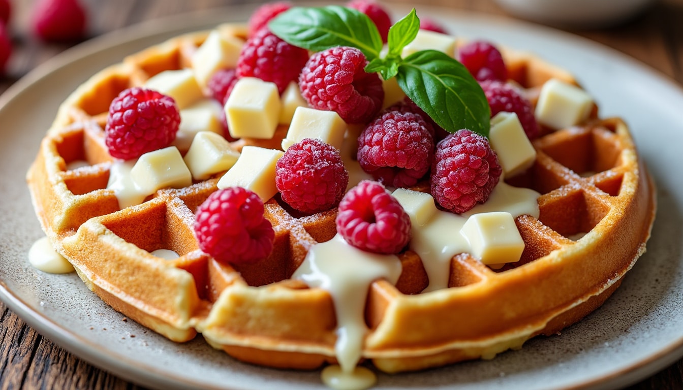 découvrez notre délicieuse recette de gaufres au chocolat blanc et framboises, un dessert irrésistible à partager. parfaites pour les repas en famille ou entre amis, ces gaufres allient le fondant du chocolat blanc à l'acidité délicate des framboises. régalez vos proches avec cette gourmandise sucrée !