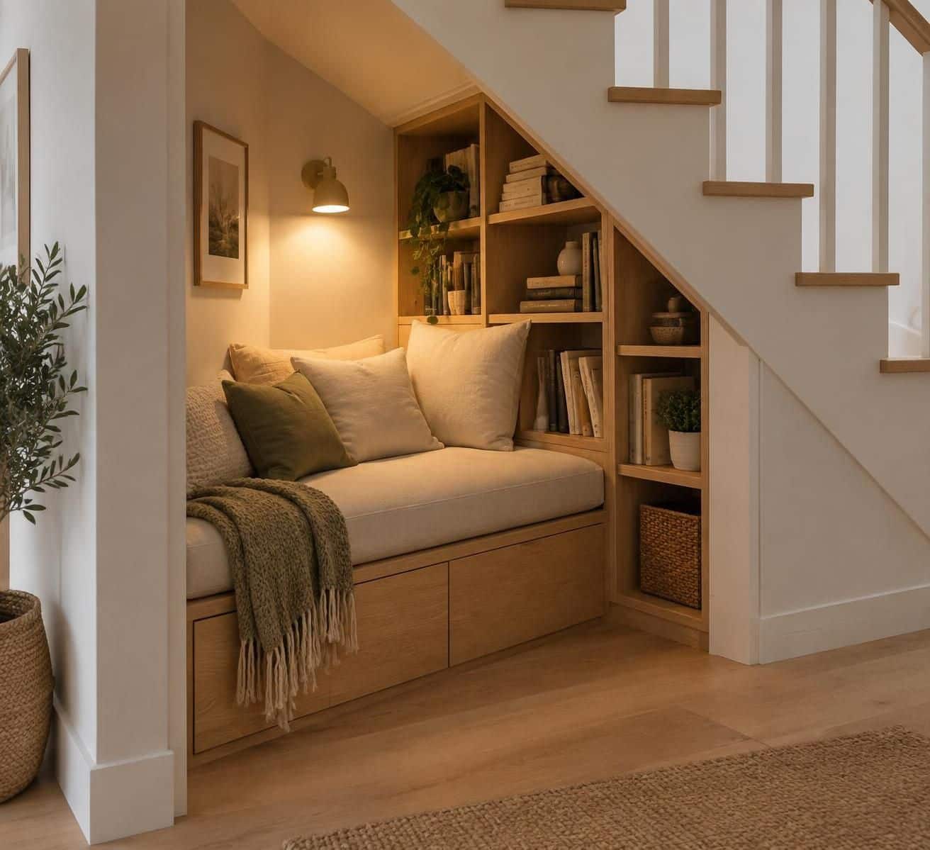d&eacute;couvrez comment am&eacute;nager un coin lecture cosy et fonctionnel sous un escalier de moins de 2 m&sup2;, avec des id&eacute;es gain de place et d&eacute;co.